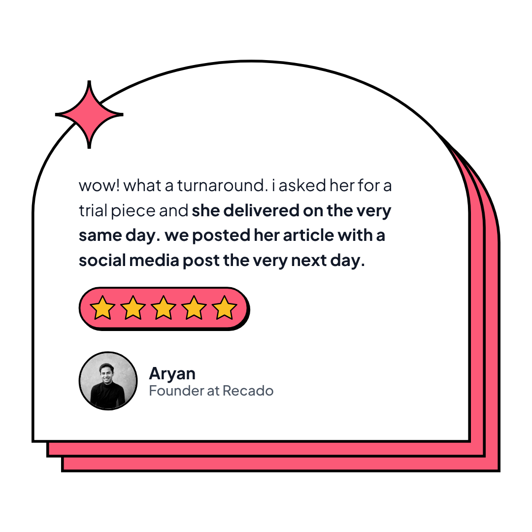 Aryan, Founder at Recado testimonial: Wow! What a turnaround. I asked her for a trial piece and she delivered on the very same day. We posted her article with a social media post the very next day. Five stars.